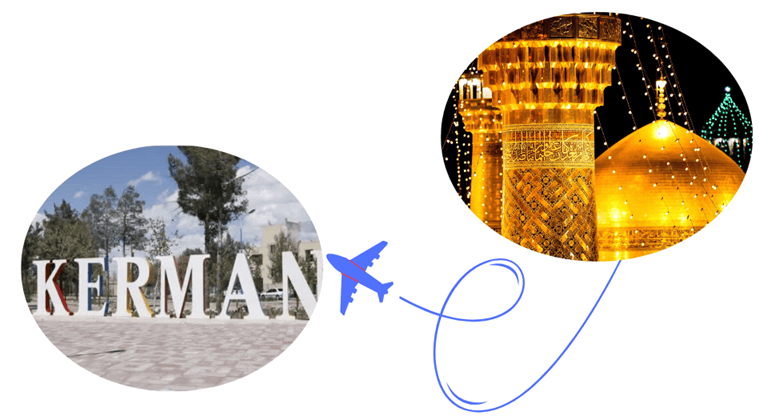 تصویر نمایش عکس حرم امام رضا و عکس نمایی از کرمان و خطی با نماد هواپیما به عنوان مسیر بین این دو شهر