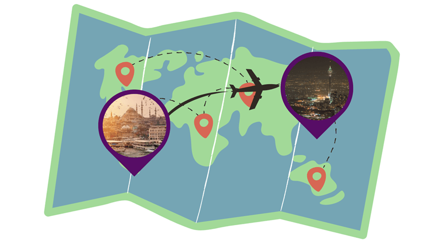 تصویر گرافیکی از نقشه جغرافی و عکسی از تهران و عکسی از استانبول و خط هوایی با نماد هواپیما بین این دو عکس