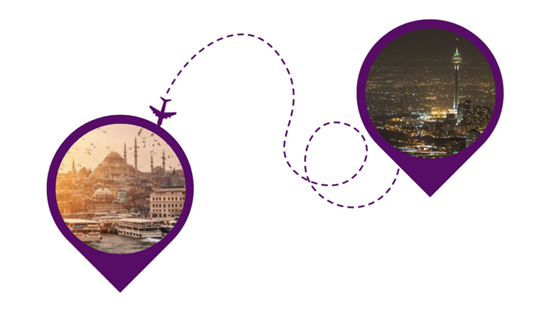 نمایش تصویر مبدا تهران و تصویر مقصد استانبول و خط هوایی با نماد هواپیما بین این دو عکس